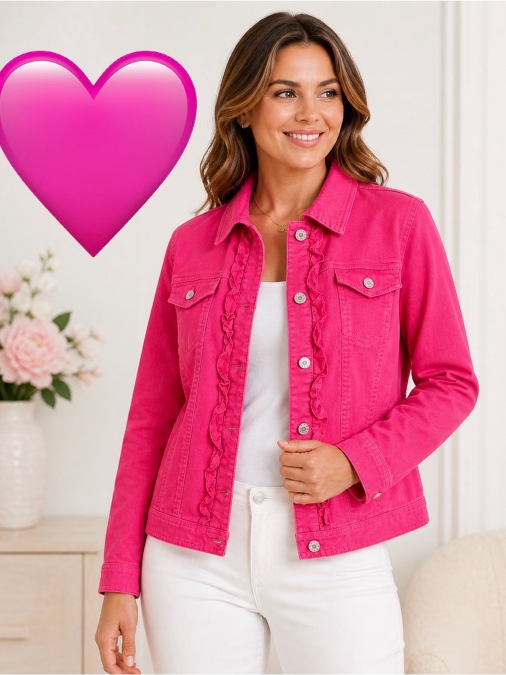 Talbots Women's Pink Ruffle-Trim Denim Jacket size SP
